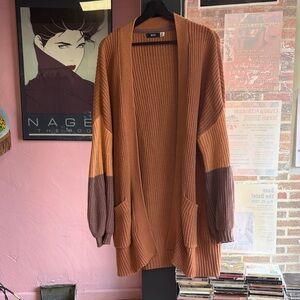 BDG Two-Tone Long Cardigan in Rust and Brown